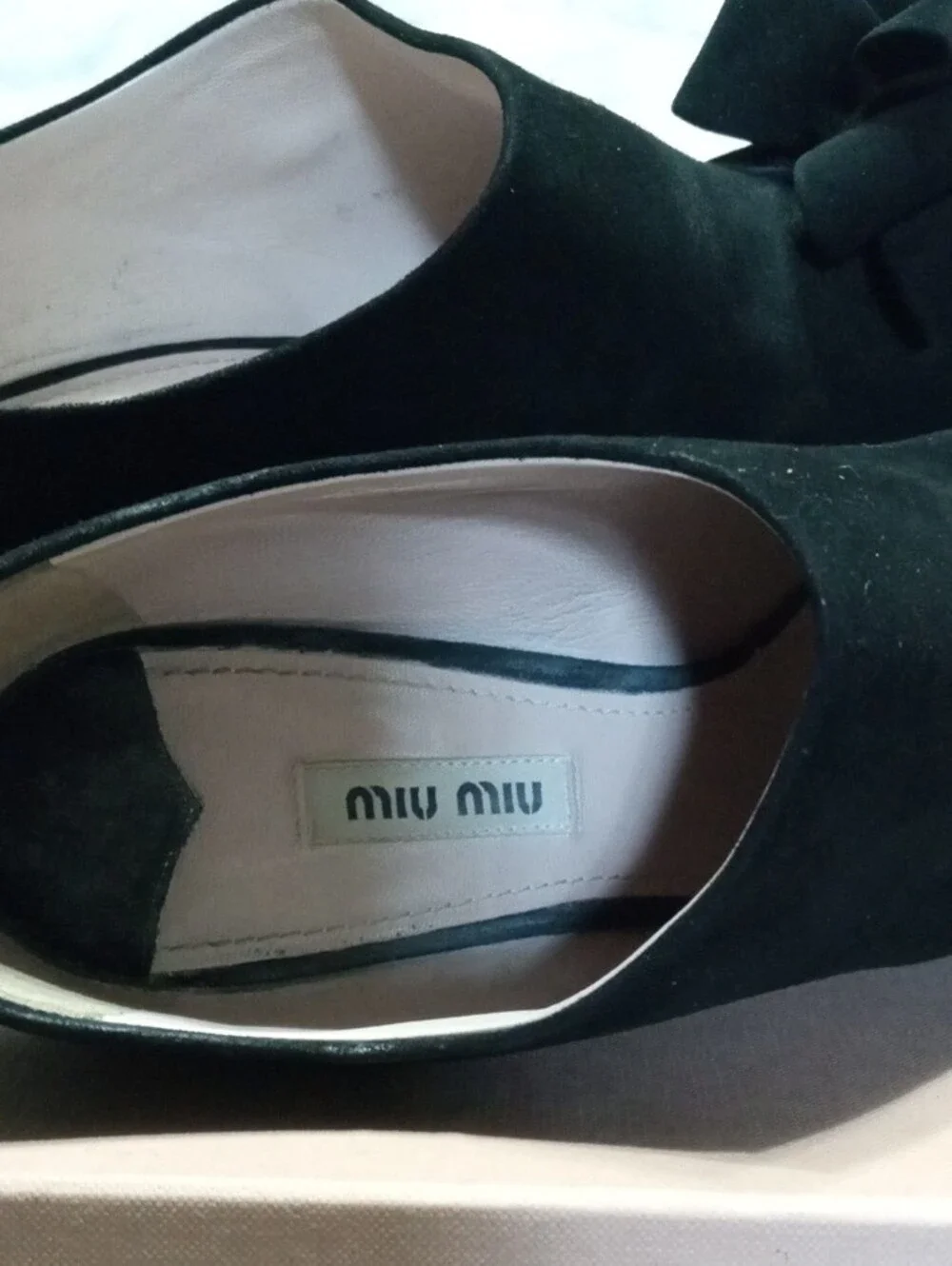 Miu Miu Black Suede Peep-Toe High Heel Booties with Bow Accent